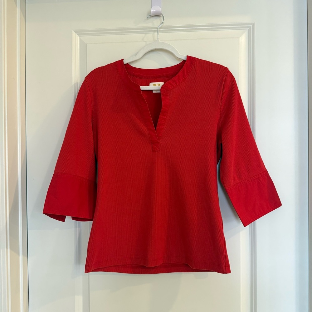 Maeve-Anthropologie Red V-Neck Blouse-3/4 Sleeve